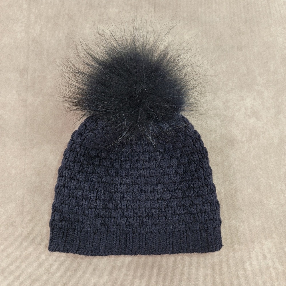Scoop NYC Navy Blue Wool Angora Cashmere Beanie Real Raccoon Fur Pom Pom Hat